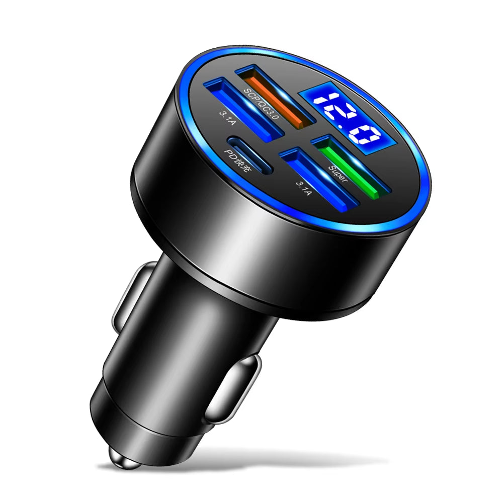 250W LED Car Charger 5 Ports Fast Charge PD QC3.0 USB C Car Phone Charger Type C Adapter in Car